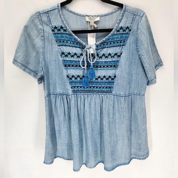 Orientique Naturally Australian Chambray Embroidered Blouse Womens Small Blue - Picture 1 of 8